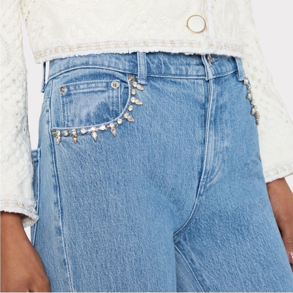Milly Blue Ankle Cropped Jeans with Pearl Embellishments